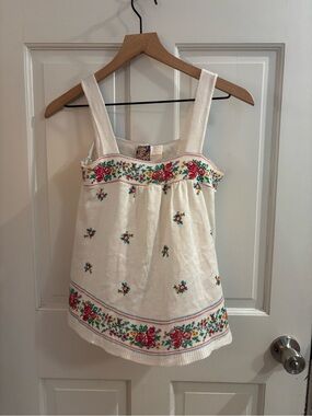 Vintage Offspring White Tank Top with Red & Green Floral Embroidery